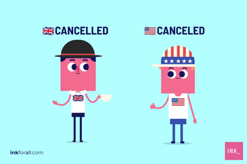 The word cancelled, spelled with two letter Ls, beside a British flag. The word canceled, spelled with one L, beside an American flag. A British man holding a tea cup and an American man doing a thumb's up. 