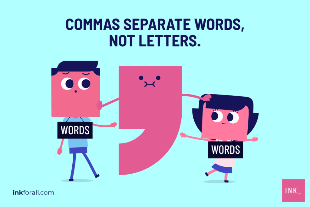 Commas separate words, not letters.