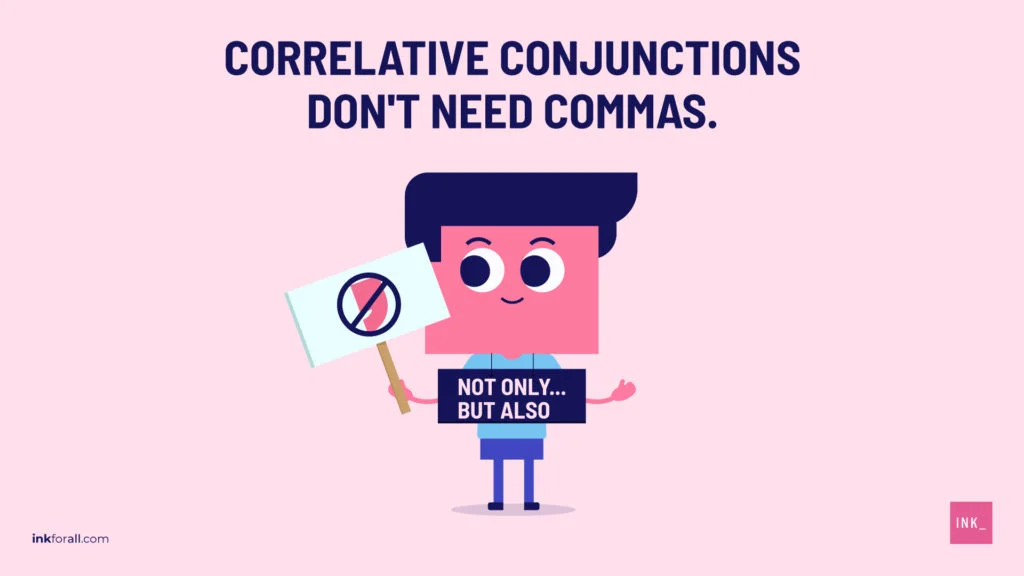 A boy labeled as not only... but also is holding a placard that shows a comma mark crossed out. Additional text reads: Correlative conjunctions don't need commas.