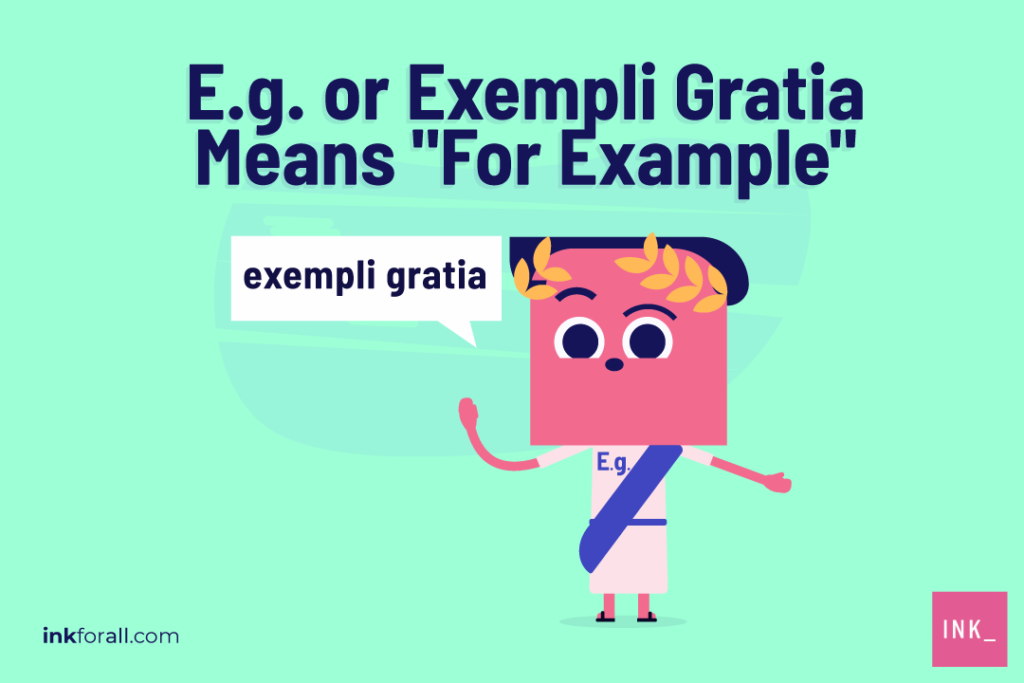 A young Roman man saying exempli gratia. The text above his laureled head says: exempli gratia means for example.