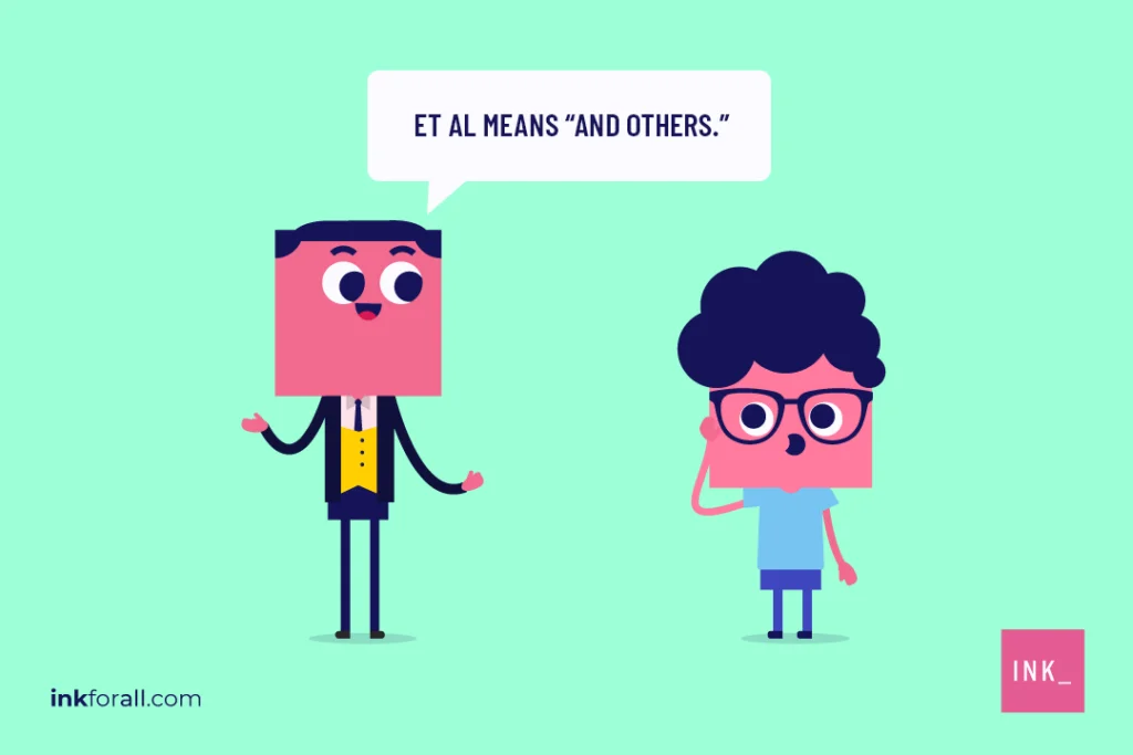 An elegantly dressed cartoon gentleman explains that et. al means "and others" to a student with curly hair and glasses.