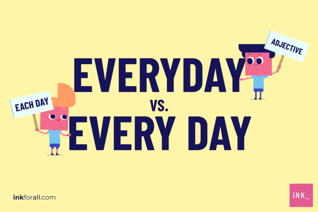 everyday vs. every day: The word "everyday" is an adjective. It describes something that is commonplace. On the other hand, the phrase "every day" is synonymous with "each day." It refers to an event that happens daily.
