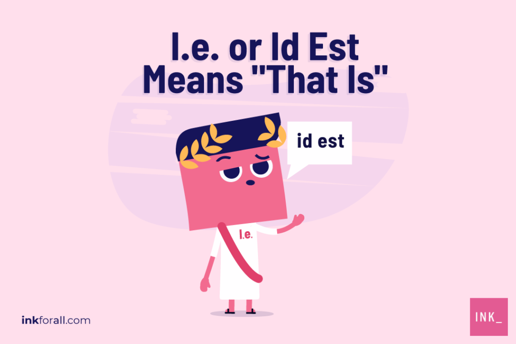 A cartoon of a young Roman man proclaiming "id est." Above his Laureled head is the text: i.e. or id est means "that is"