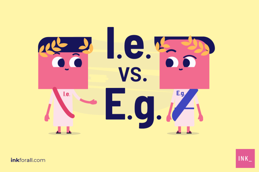 The text "i.e. vs. e.g." appears in dark blue in the middle of the image. To the right is a Roman cartoon character labeled i.e. and to the left is another Roman cartoon character labeled e.g. Both have bronze laurels, togas, and colored sashes.