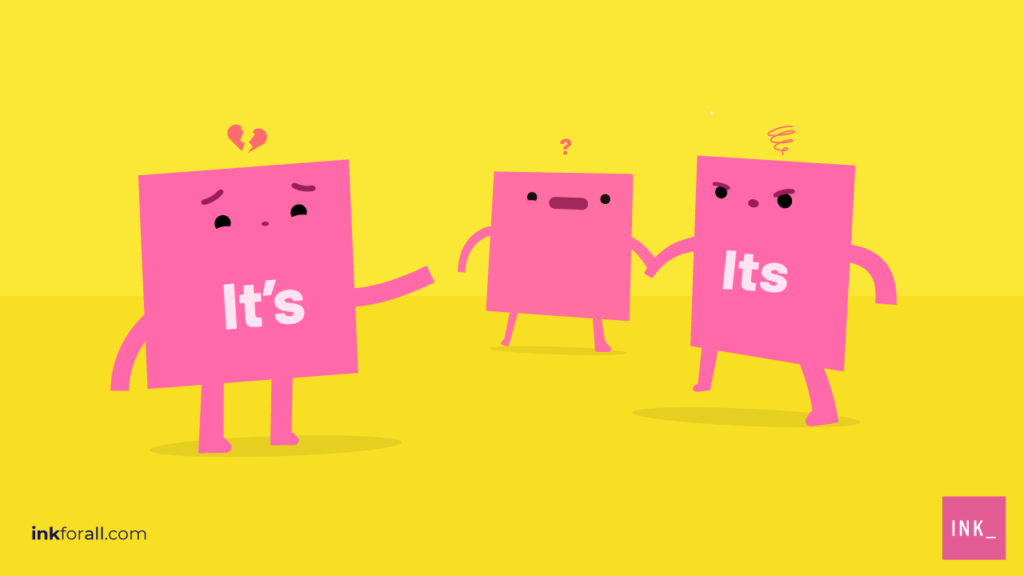 There are 3 pink square characters help illustrate the difference between it's with an apostrophe and its without. The one on the far left is labeled it's with an apostrophe and has a broken heart above his head. The one of the far right is labeled its, looks angry and is possessively holding onto the middle character.   