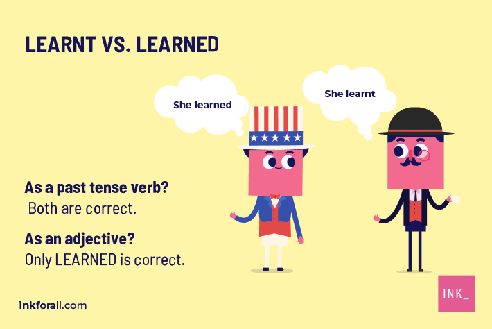 An American and British talking. The American is saying learned, while the Brit is saying learnt. There's a text that reads: As a past tense verb, both learned and learnt are correct. As an adjective, only learned is correct.