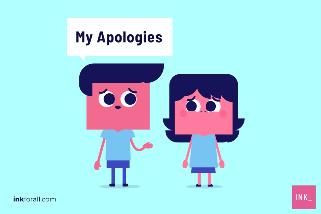 A boy looking sad while saying "my apologies" to a distraught-looking girl.