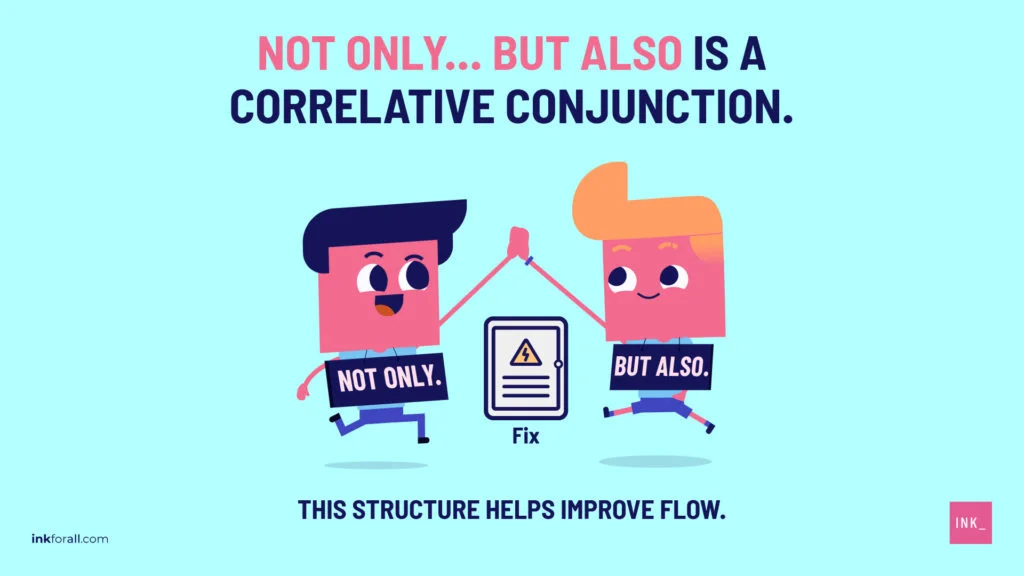 Two boys doing a high five. Boy on the left is labeled not only and the boy on the right is labeled but also. Additional text reads: Not only... but also is a correlative conjunction. This structure helps improve flow.