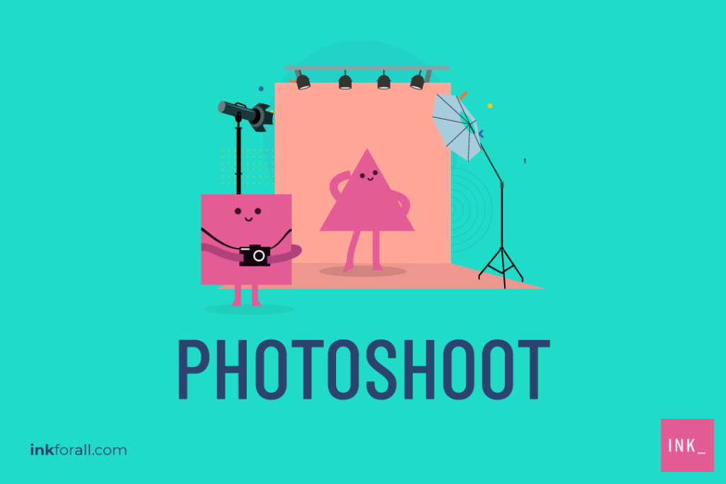A pink square cartoon photograph shoots a triangle-shaped cartoon model against a studio background with the word PHOTOSHOOT under the scene.
