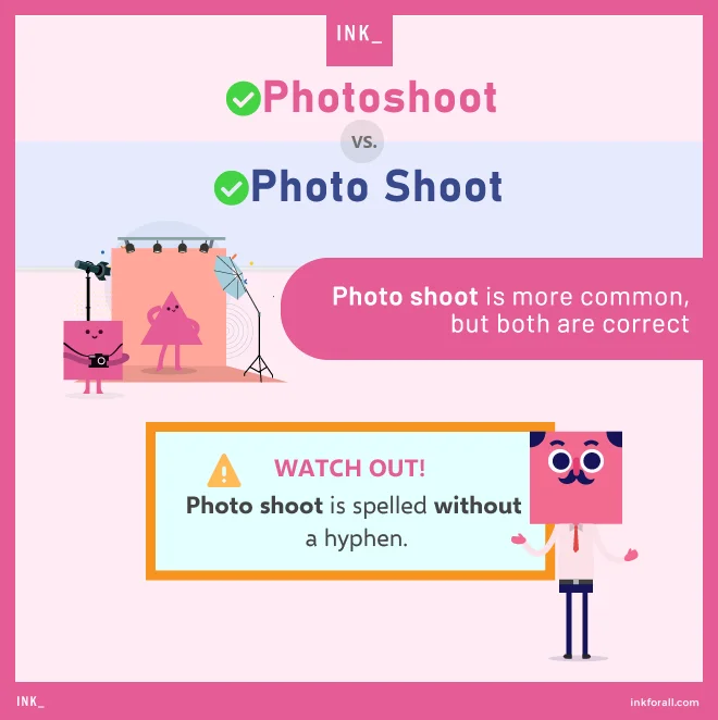 An infographic outlines the various spellings of photoshoot and the fact that the terms should never be spelled with a hyphen.