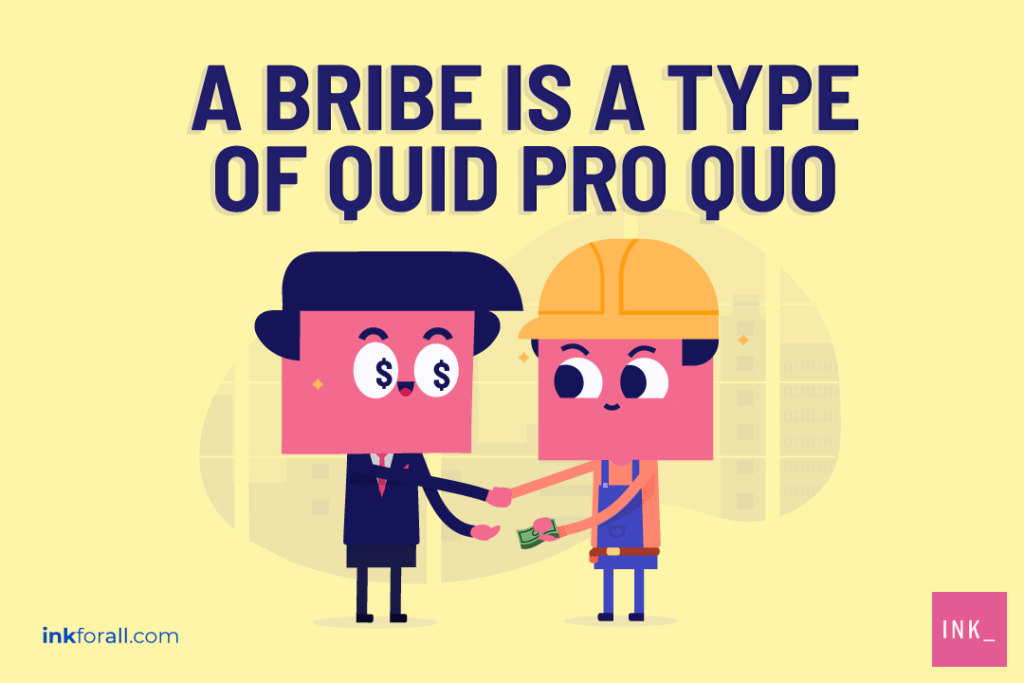 A man in suit taking bribe money from a worker. A bribe is a type of quid pro quo.