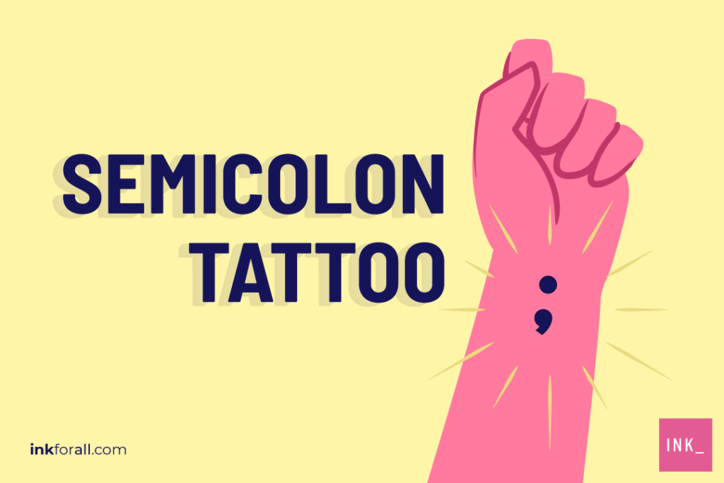 A cartoon drawing of a wrist tattooed with a semicolon punctuation mark to help illustrate the meaning behind the Semicolon tattoo.