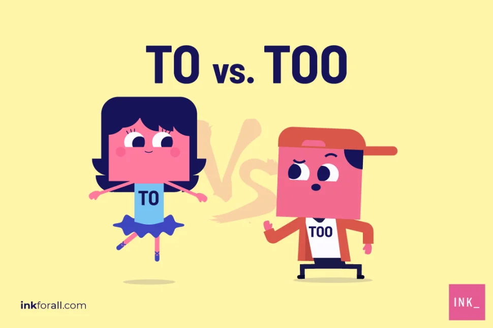 Two cartoon characters face off. One is a female ballerina. Her costume is labeled TO. The other is a male athlete with a backwards baseball cap. His shirt is labeled TOO.
