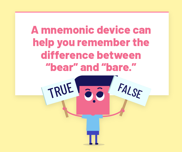 A mnemonic device can help you remember the difference between bear and bare.