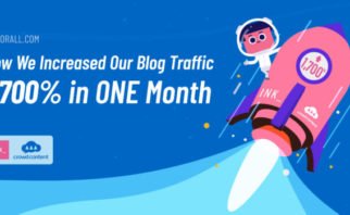 Inkson astronaut riding a rocket ship to space. Rocket has logos of INK and crowd content and marked with 1700%. Text reads: How we increase our blog traffic 1700% in one month.