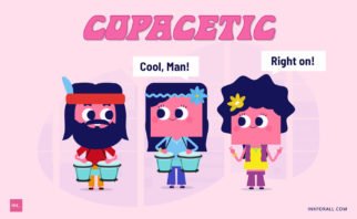 Three hippies, two are playing bongo drums while the other one is listening. Text reads: copacetic.