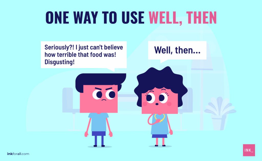 One way to use well, then. Image shows a man and woman conversing. The man looks angry, saying "Seriously?! I just can't believe how terrible that food was! Disgusting!" The woman's at a lost for words and only says, "Well, then..."