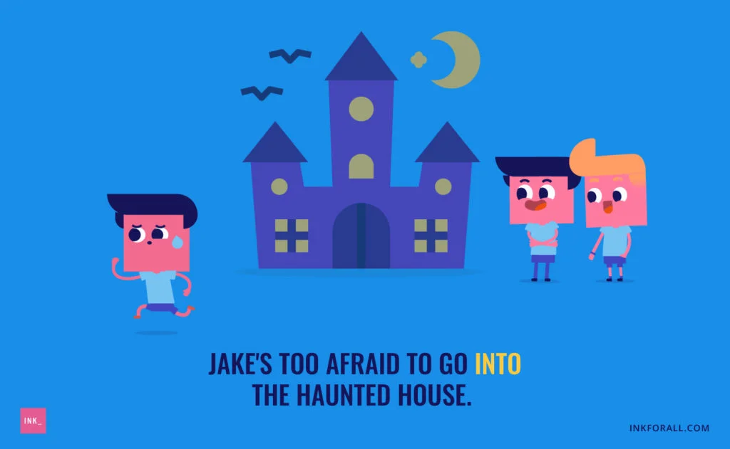 Image shows that Jake is too afraid to go into the haunted house. His friends are laughing while he's running away.