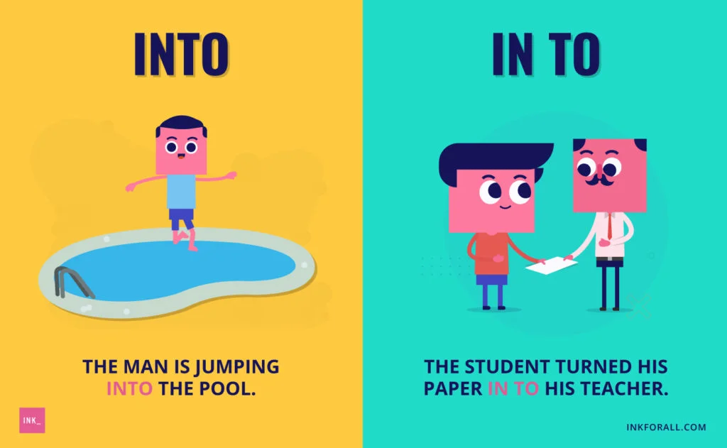 Two image panels. First panel shows a man jumping into the pool. Second panel shows a student turning his paper in to his teacher.