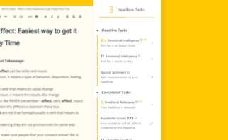 An expanded view of INK PRO's SEO headline optimizer against a yellow background.