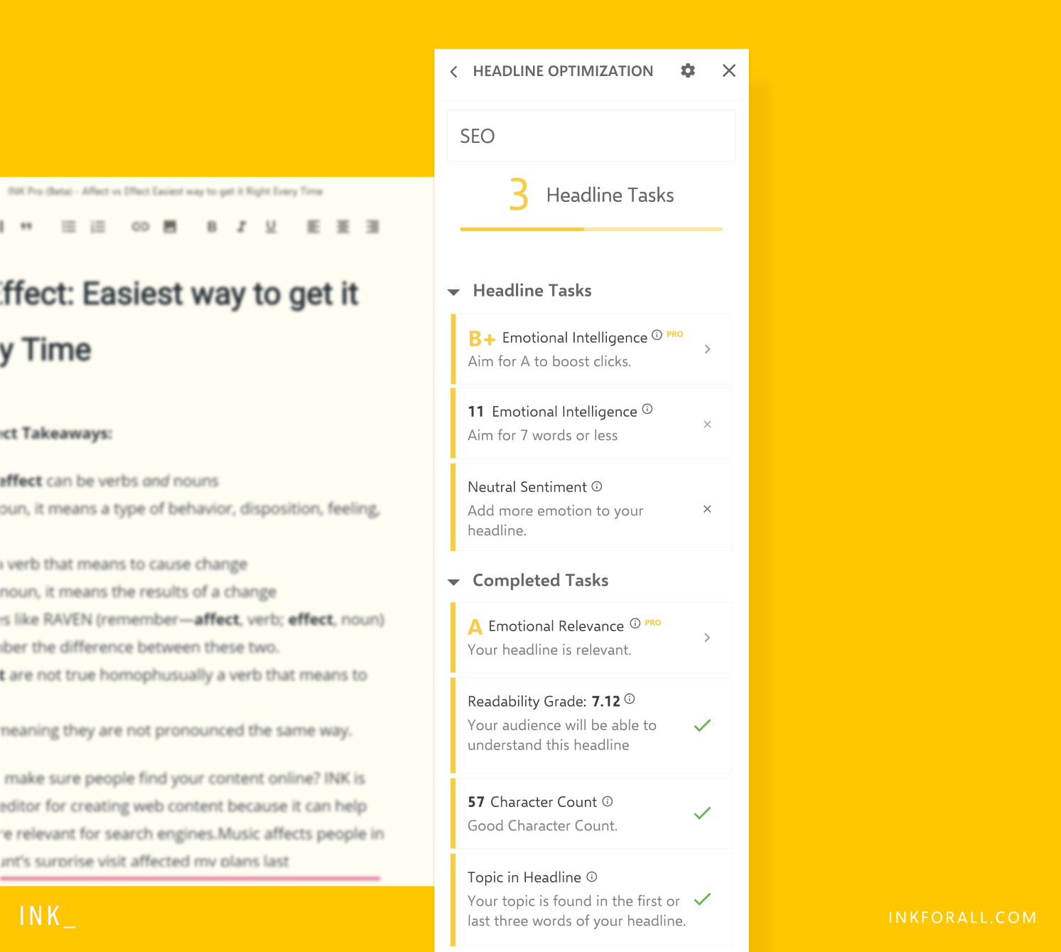 An expanded view of INK PRO's SEO headline optimizer against a yellow background.